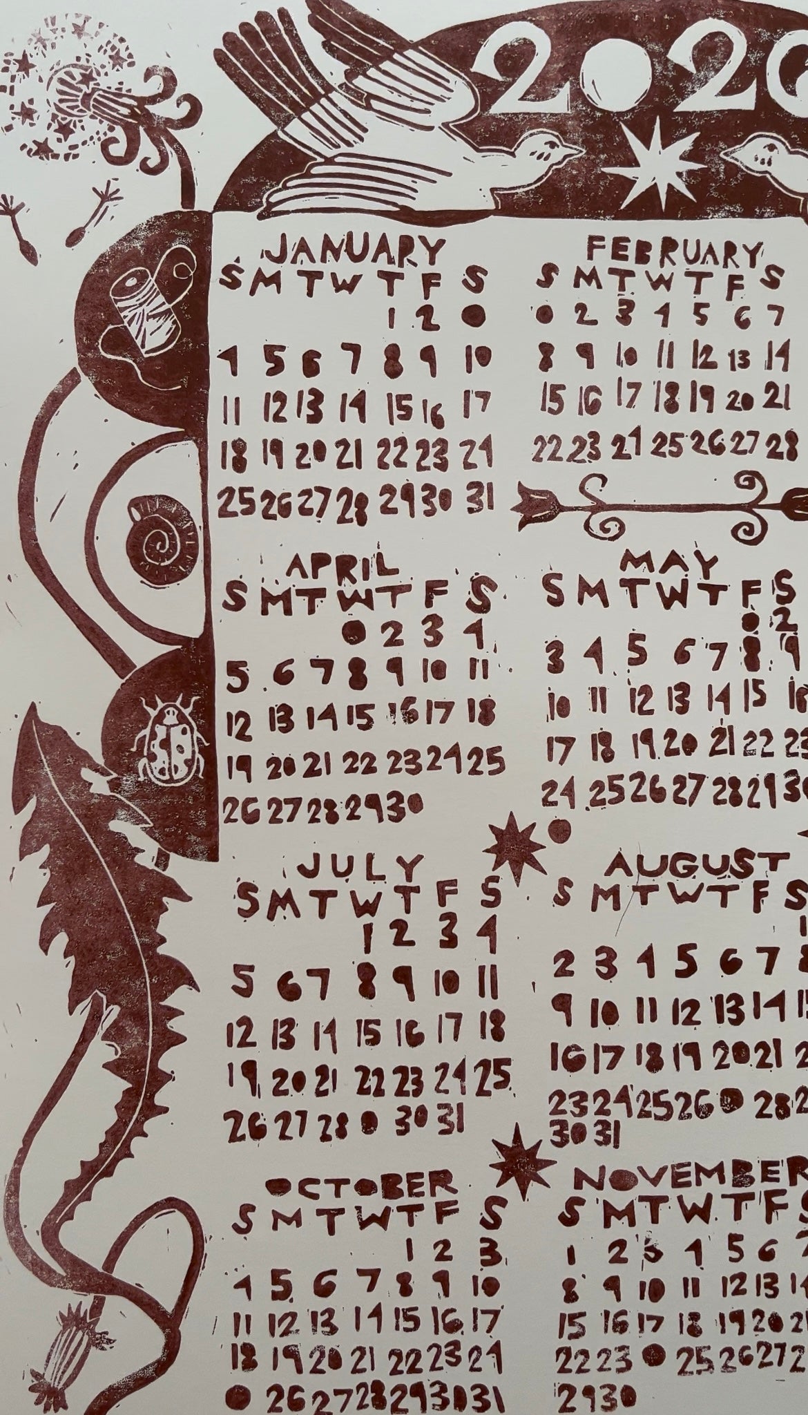 2026 linocut calendar - espresso brown