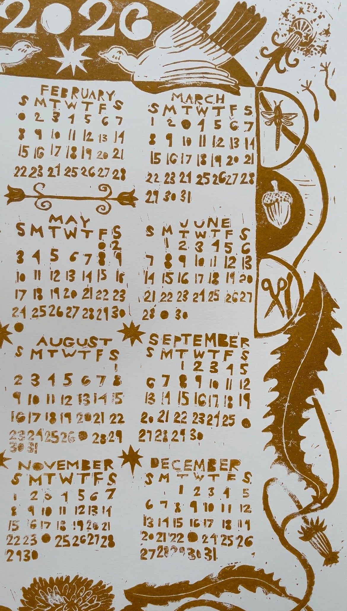 2026 linocut calendar- yellow ochre