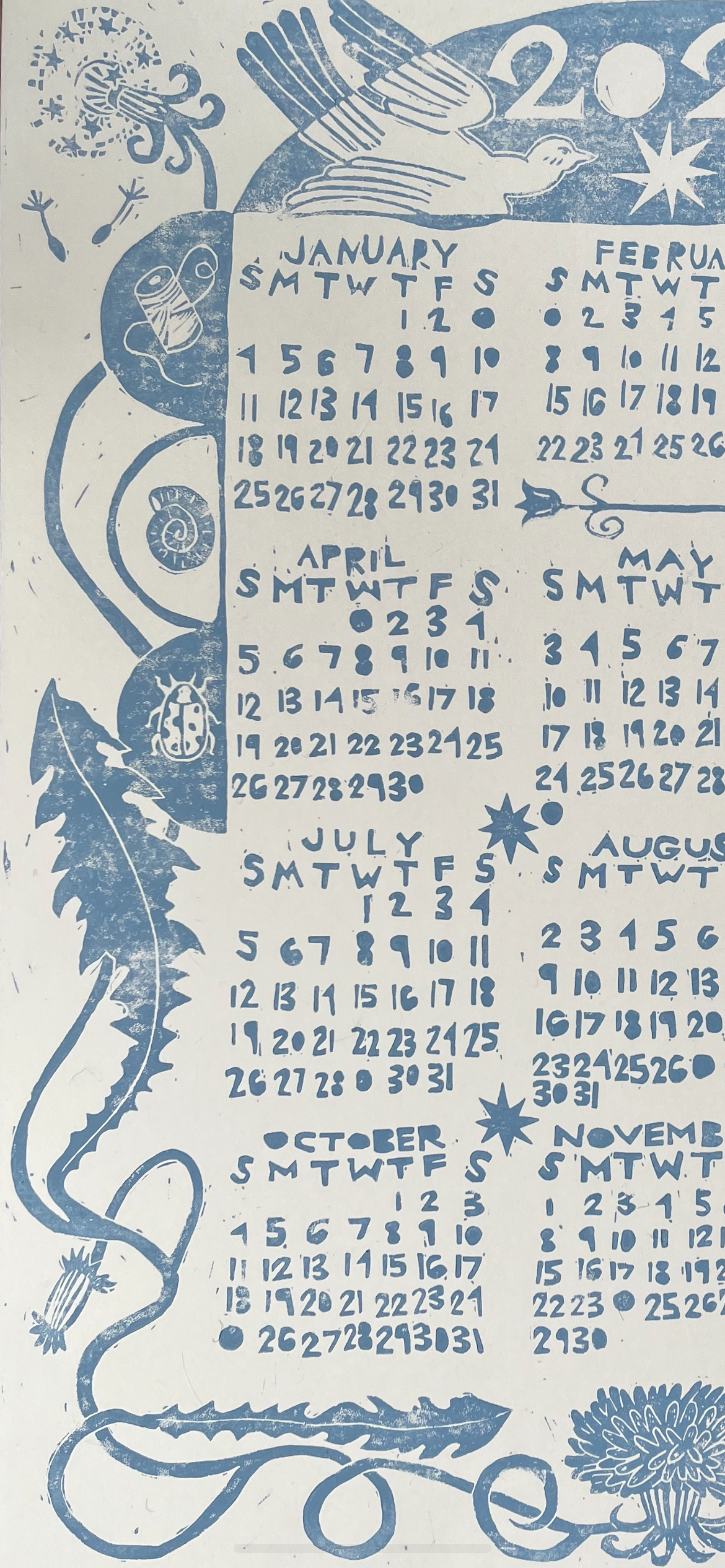 2026 linocut calendar-cornflower blue