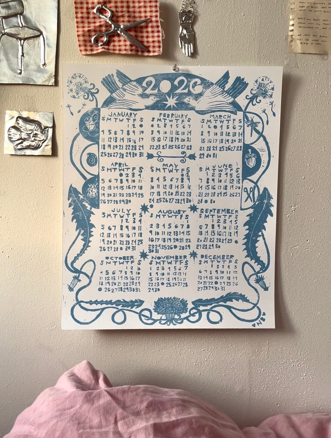 2026 linocut calendar-cornflower blue