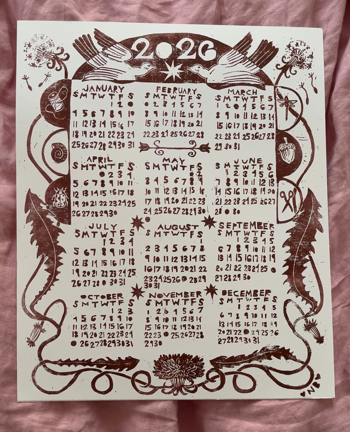 2026 linocut calendar - espresso brown