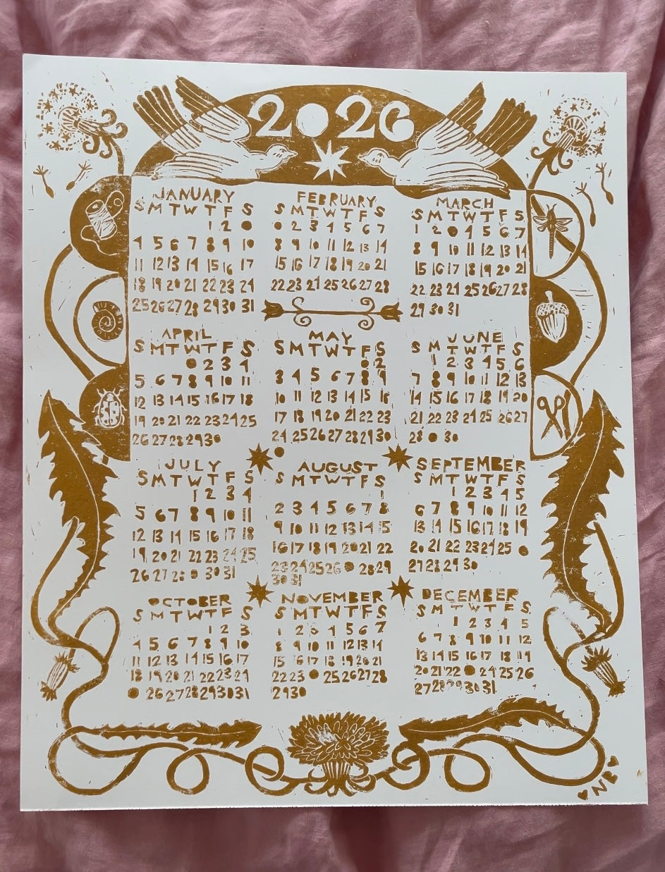 2026 linocut calendar- yellow ochre