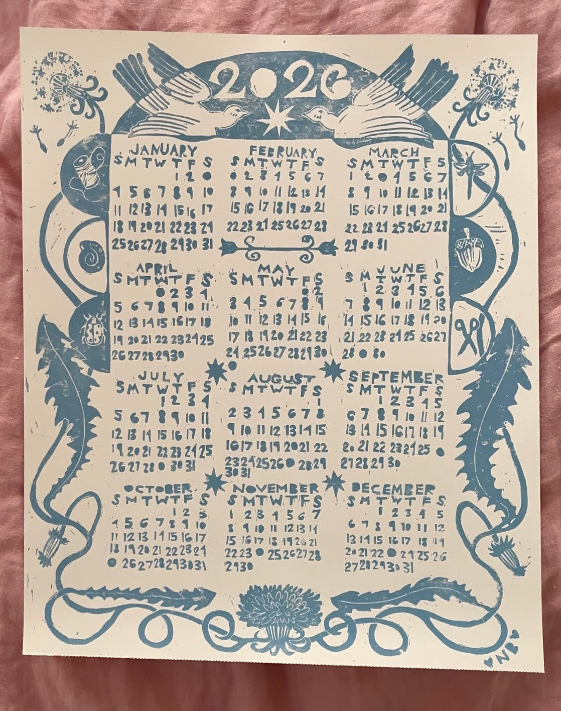 2026 linocut calendar-cornflower blue